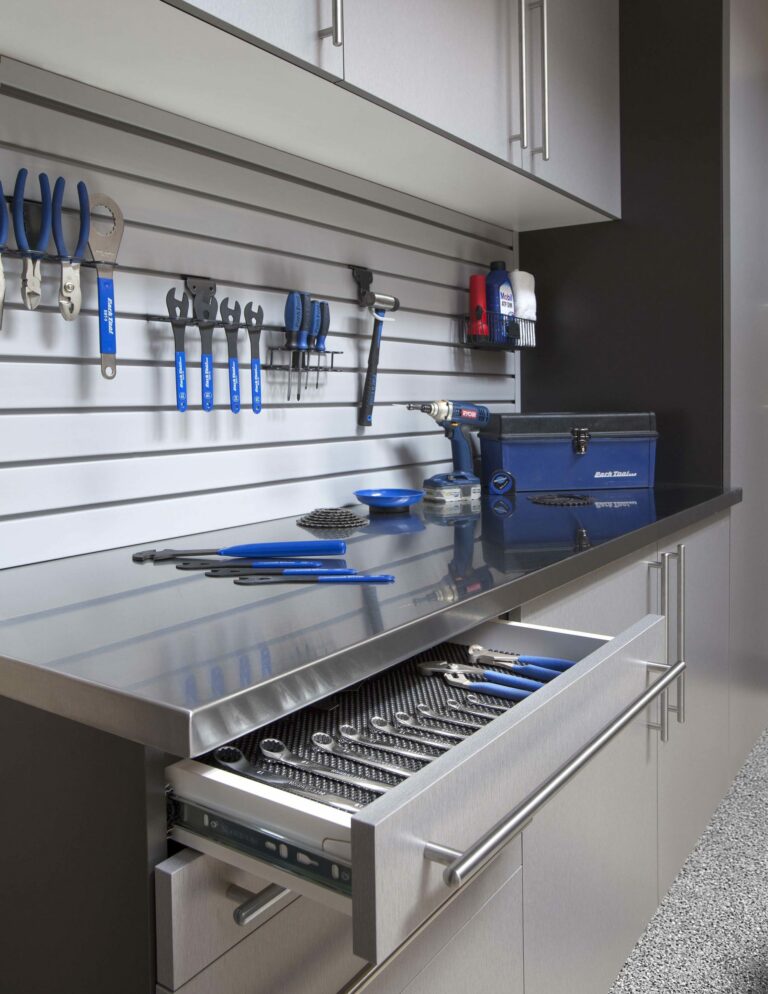 Silver-Cabinets-Stainless-Workbench-Drawer-Open-Gray-Slatwall-Feb-2013-scaled